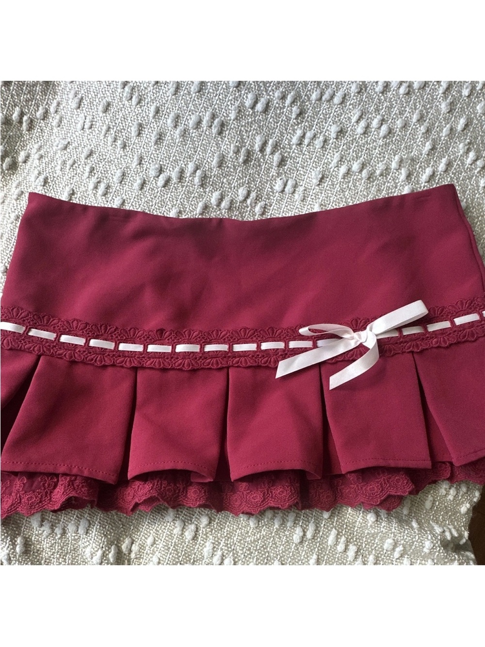 Lace-Trim Pleated Mini Skirt in Raspberry with Ribbon Detail